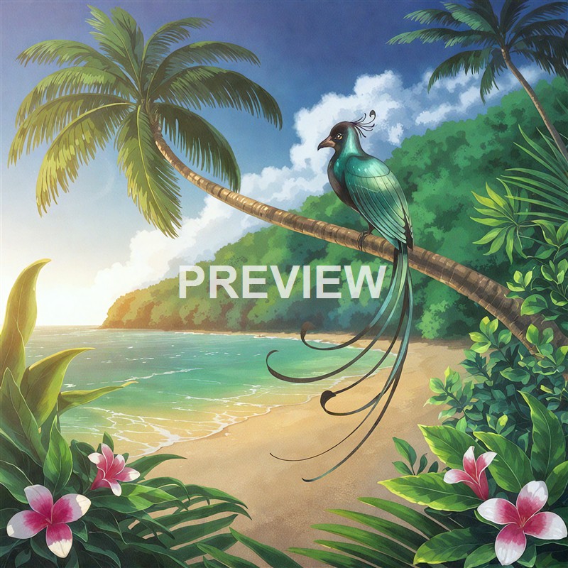 A colorful, stylized illustration of a tropical beach scene featuring a tall palm tree with a bird that has long, flowing tail feathers perched on a branch, with lush green foliage, pink flowers, and a calm ocean in the background under a partly cloudy sky.